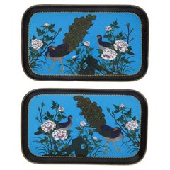 Antique Meiji Japanese Cloisonne Enamel Serving Trays With Peacocks