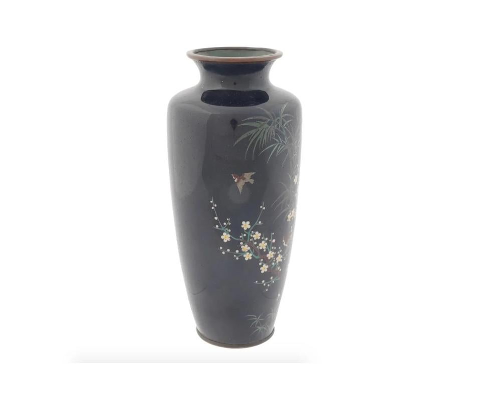 Antique Meiji Japanese Cloisonne Enamel Vase Bamboo and Birds In Good Condition For Sale In New York, NY