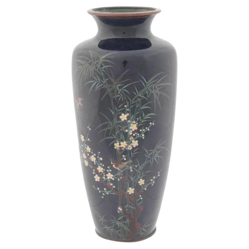 Ancien vase japonais Meiji en émail cloisonné, bambou et oiseaux