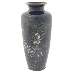 Antique Meiji Japanese Cloisonne Enamel Vase Bamboo and Birds