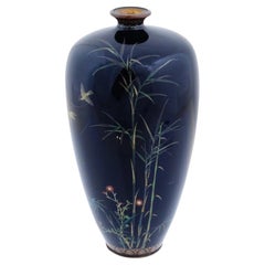 Antique Meiji Japanese Cloisonne Enamel Vase Bamboo And Gold Bird Hayashi School