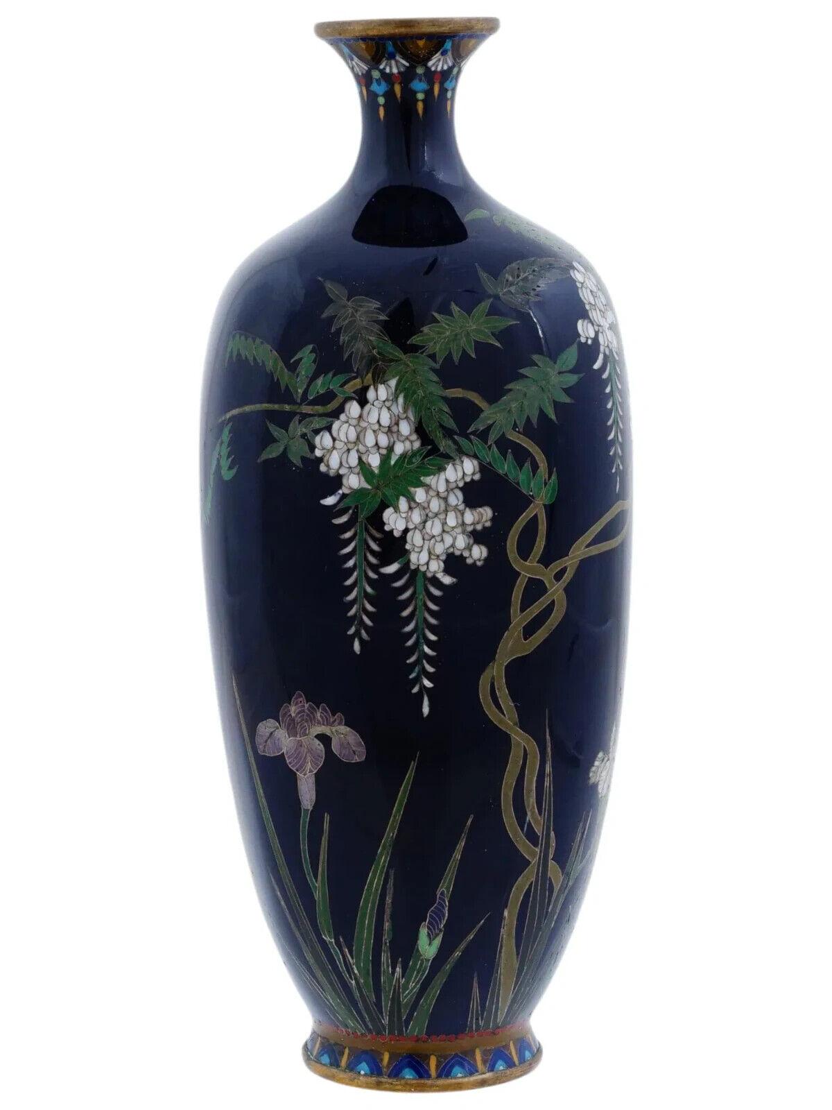 Cloissoné Antique Meiji Japanese Cloisonne Enamel Vase Wisteria Attributed To OTA Silver For Sale