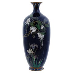 Antique Meiji Japanese Cloisonne Enamel Vase Wisteria Attributed To OTA Silver