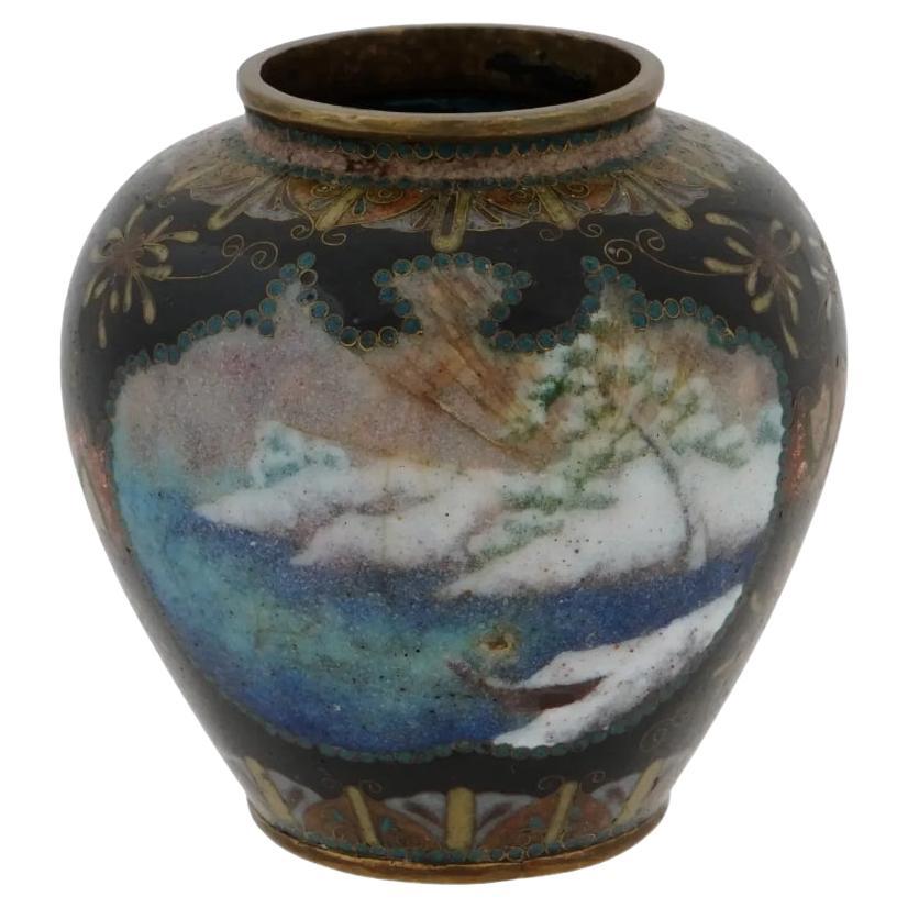 Antique Meiji Japanese Cloisonne Enamel Wireless Vase with Snow and Mountain Sce For Sale