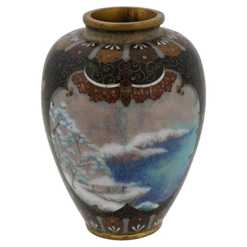 Antique Meiji Japanese Cloisonne Enamel Wireless Vase with Snow Scenery For Sale
