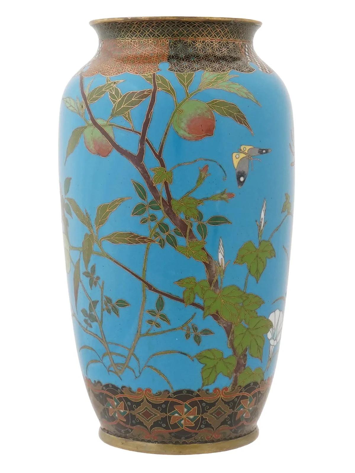 Cloissoné Antique Meiji Japanese Cloisonne Geometric Floral Fruit Vase Attributed To GOTO For Sale
