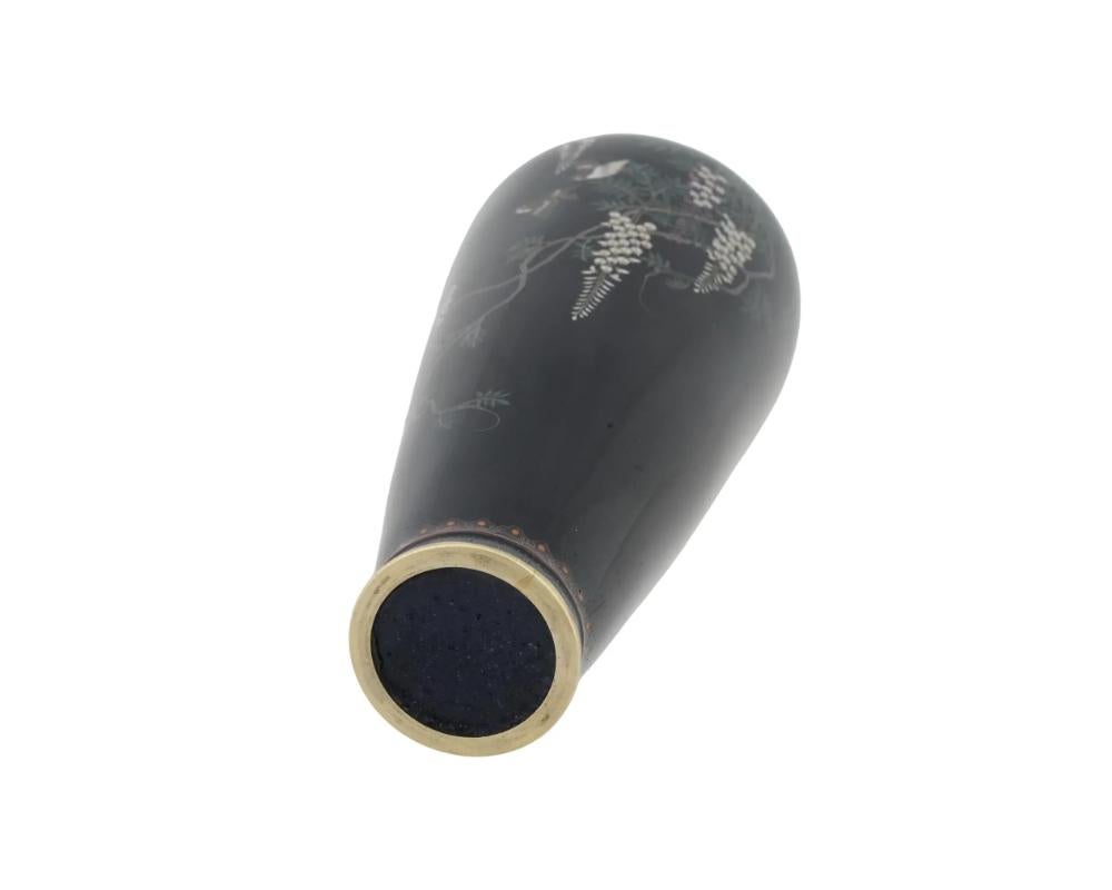 XIX secolo Antico vaso Meiji giapponese in cloisonne dell'età dell'oro con glicine e uccelli, attribuito al in vendita