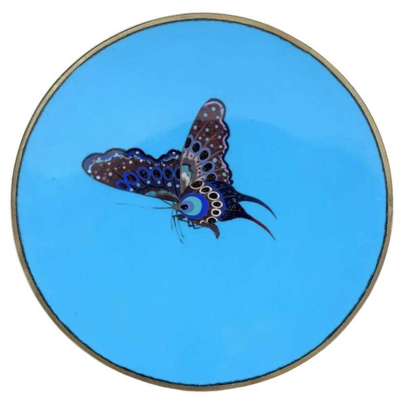 Antique Meiji Japanese Cloisonne Goldstone Spotted Butterfly Plate Charger For Sale