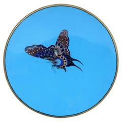 Antique Meiji Japanese Cloisonne Goldstone Spotted Butterfly Plate Charger