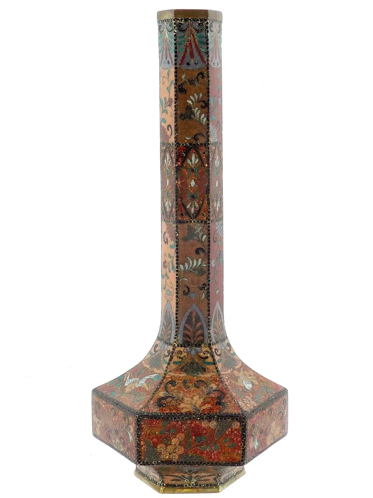 Cloisonné Vase japonais ancien hexagonal en émail cloisonné et pierre d'or de style Meiji en vente