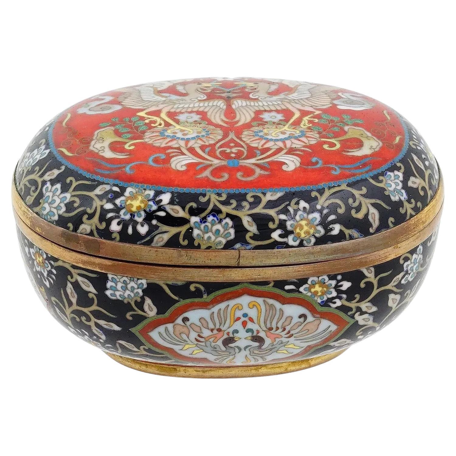 Antiguo Meiji Japonés Cloisonné Rojo Esmalte Alambre de Plata Caja Kogo