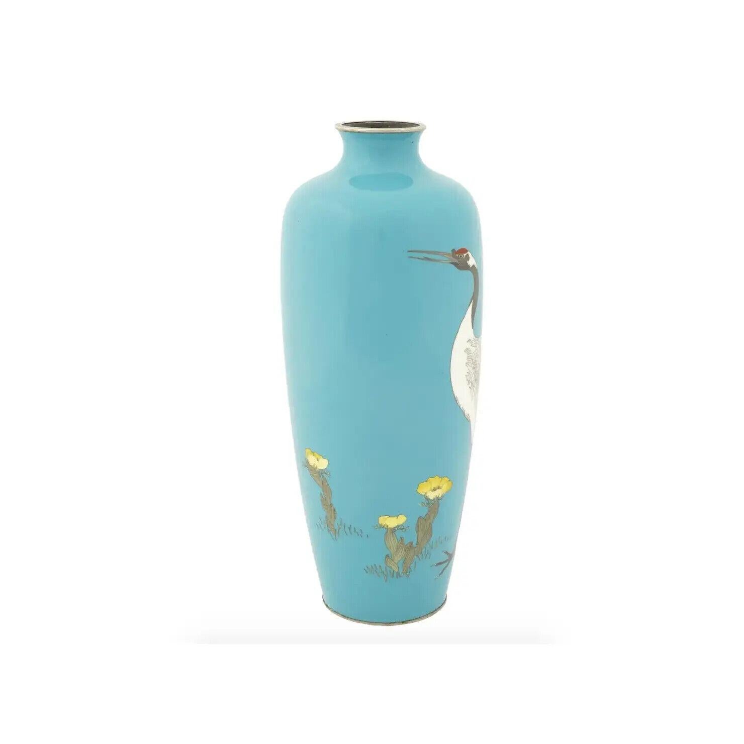 Cloissoné Antique Meiji Japanese Cloisonne Turquoise Enamel Crane Vase Signed OTA For Sale
