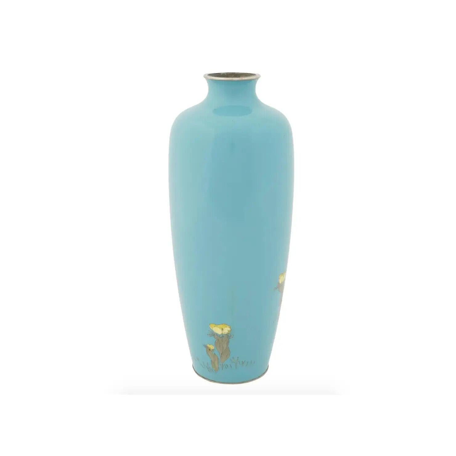 19th Century Antique Meiji Japanese Cloisonne Turquoise Enamel Crane Vase Signed OTA For Sale