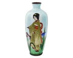 Antique Meiji Japanese Ginbari Cloisonne Enamel Geisha Vase