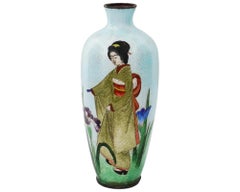 Antique Meiji Japanese Ginbari Cloisonne Enamel Geisha Vase
