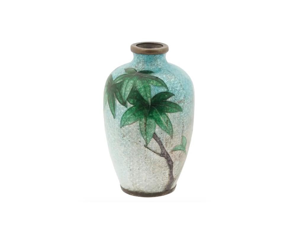 A fine miniature Ginbari cloisonne enamel brass vase, Meiji period, 1868 to 1912. Decorated with an image of green bamboo stem on a light turquoise to pale blue gradient ground. Unmarked. Note: Ginbari foil is an ancient enamel technique developed