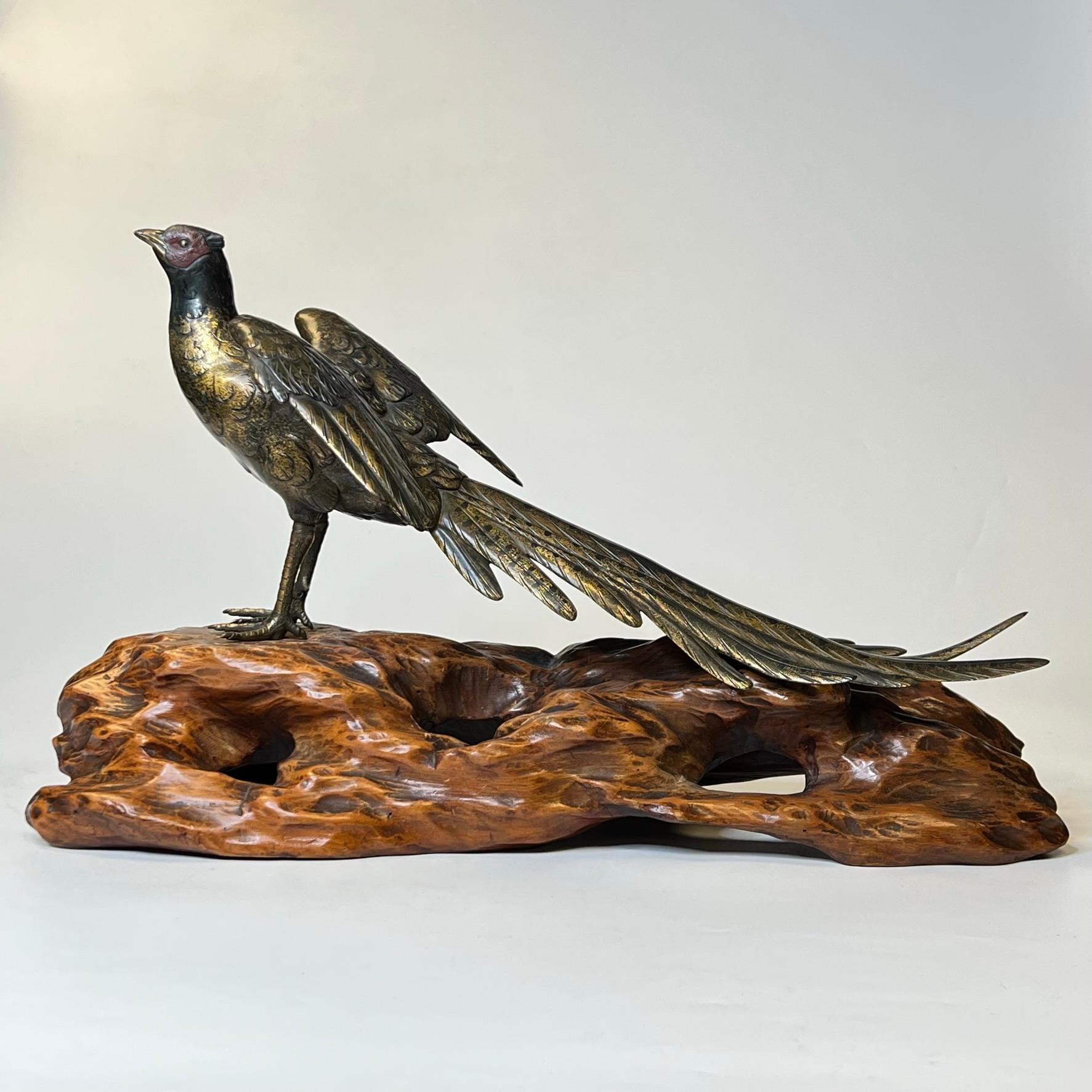 Antique Meiji Japanese Patinated and Gold Speckled Bronze on Wooden Stand In Good Condition For Sale In New York, NY