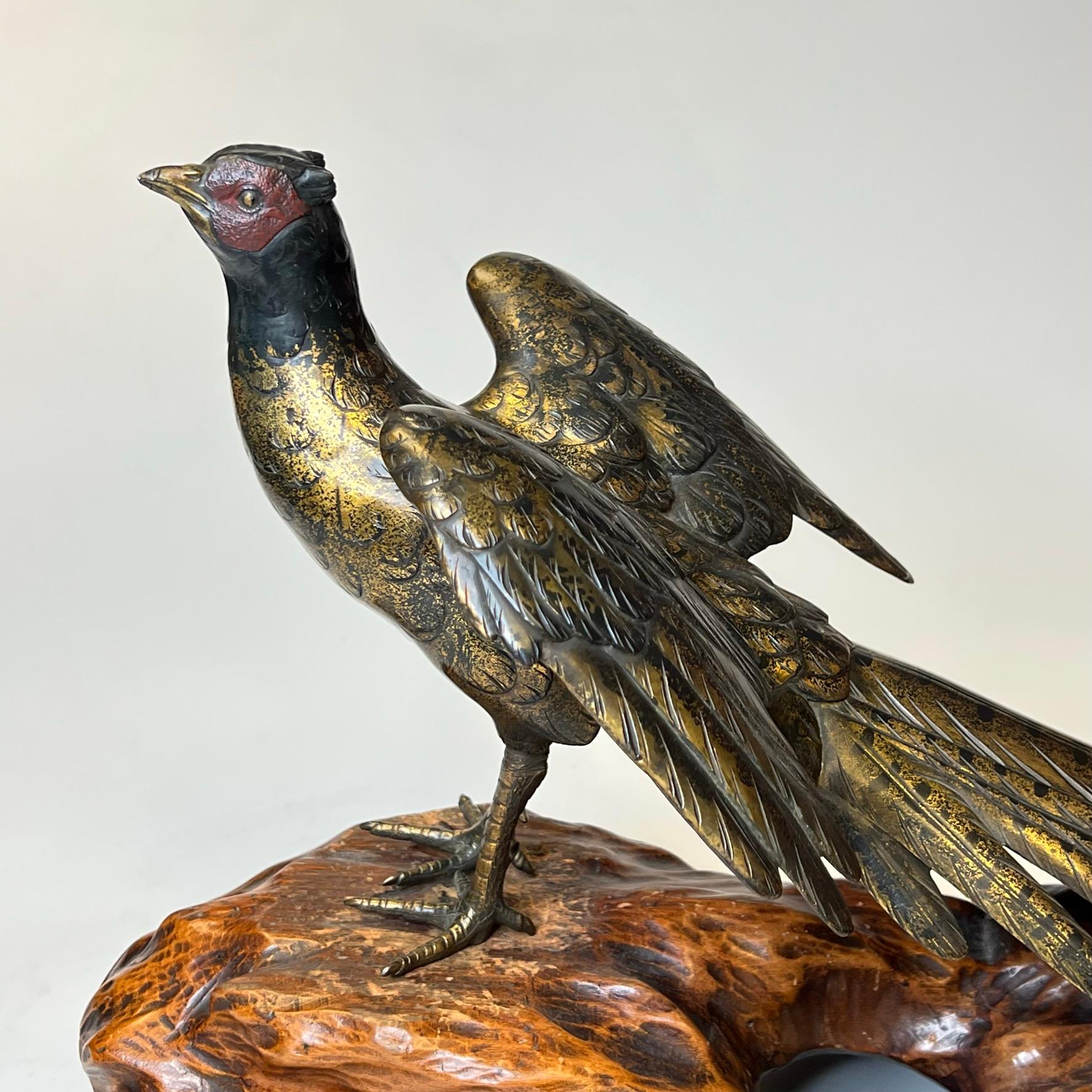19th Century Antique Meiji Japanese Patinated and Gold Speckled Bronze on Wooden Stand For Sale