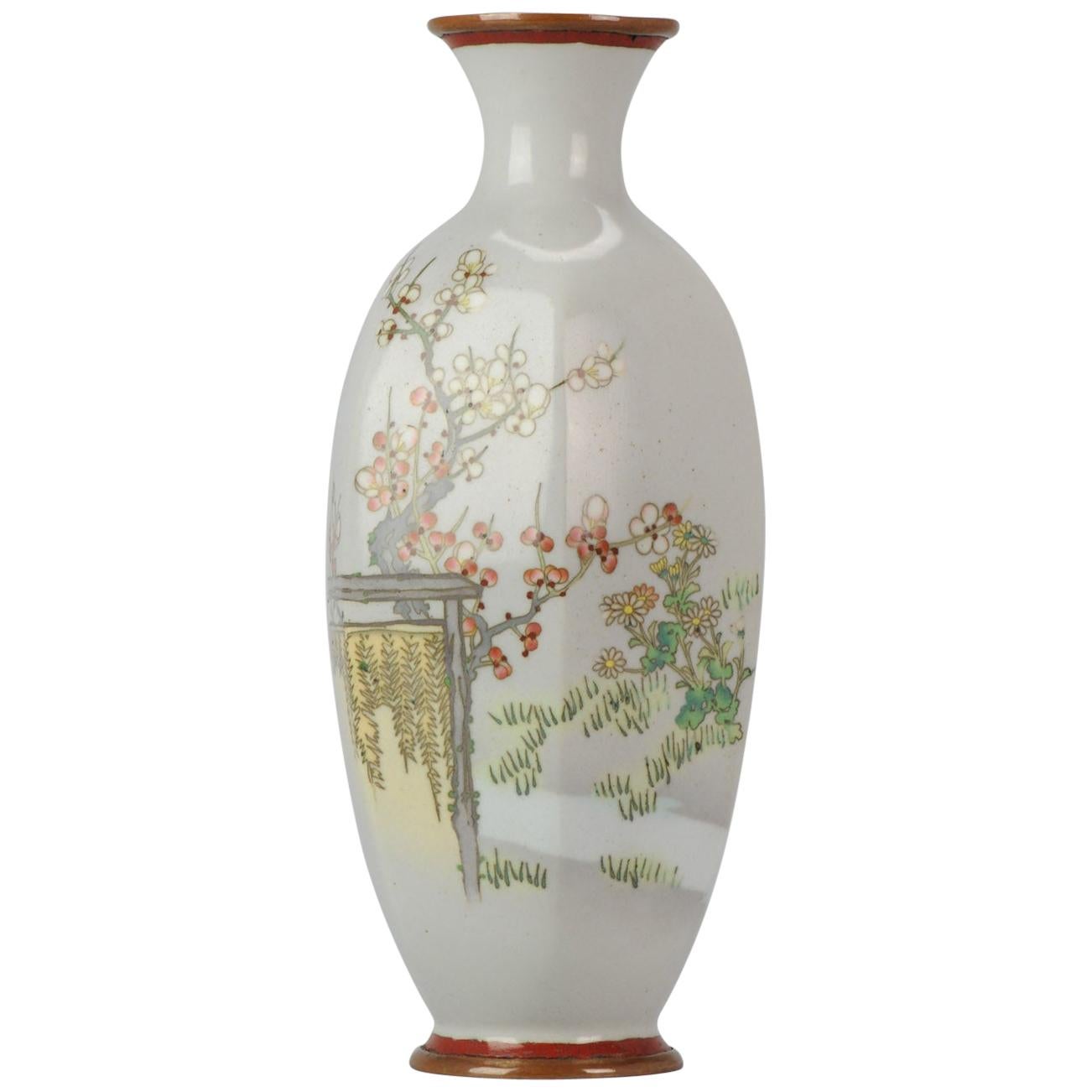 Antique Meiji Japanese Enamel on Metal Vase 