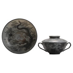 Antica ciotola da tè con coperchio in porcellana giapponese Meiji, rara, con fondo nero, marcata