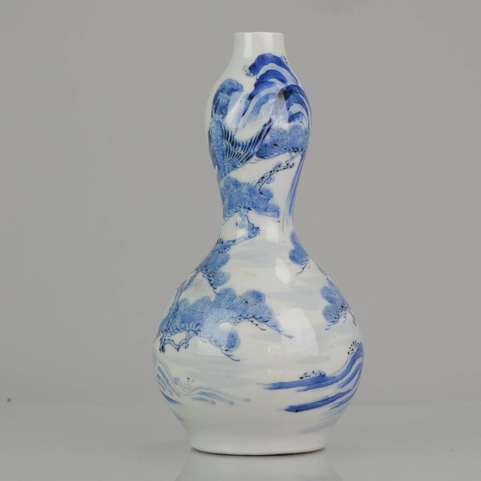 Antique Meiji Period 19C Double Gourd Japanese Hirado Vase Birds of Prey 5