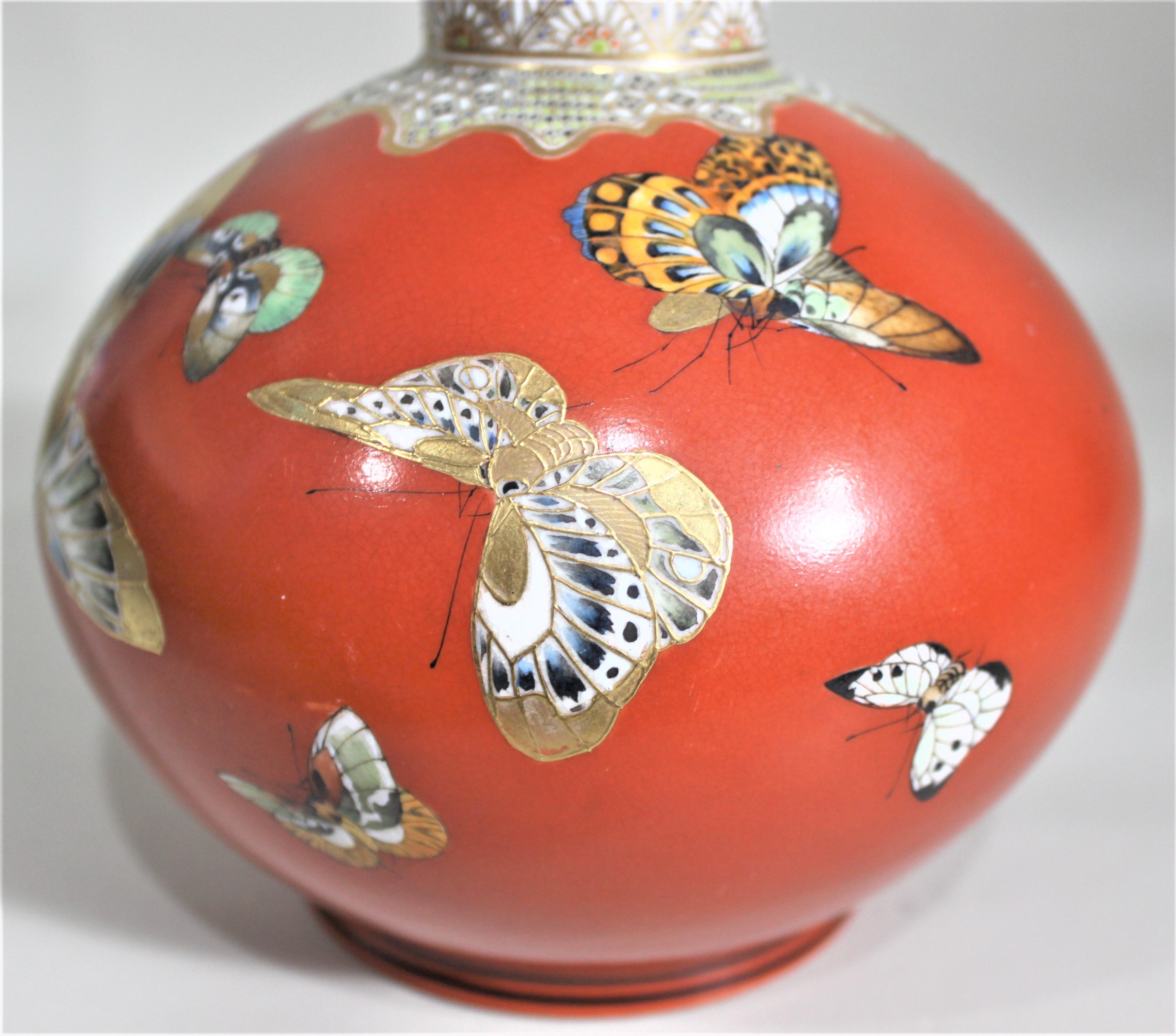 Antique Meiji Period Earthenware Vase with Butterfly Decoration For Sale 3