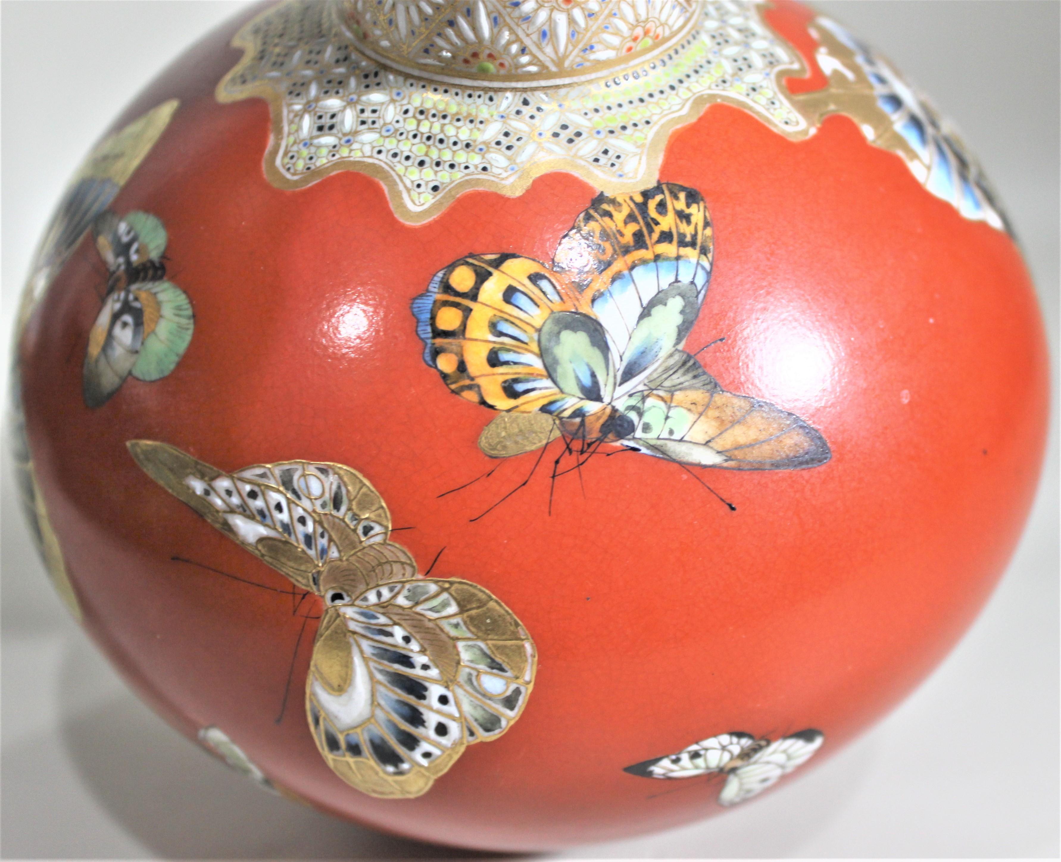 Antique Meiji Period Earthenware Vase with Butterfly Decoration For Sale 4