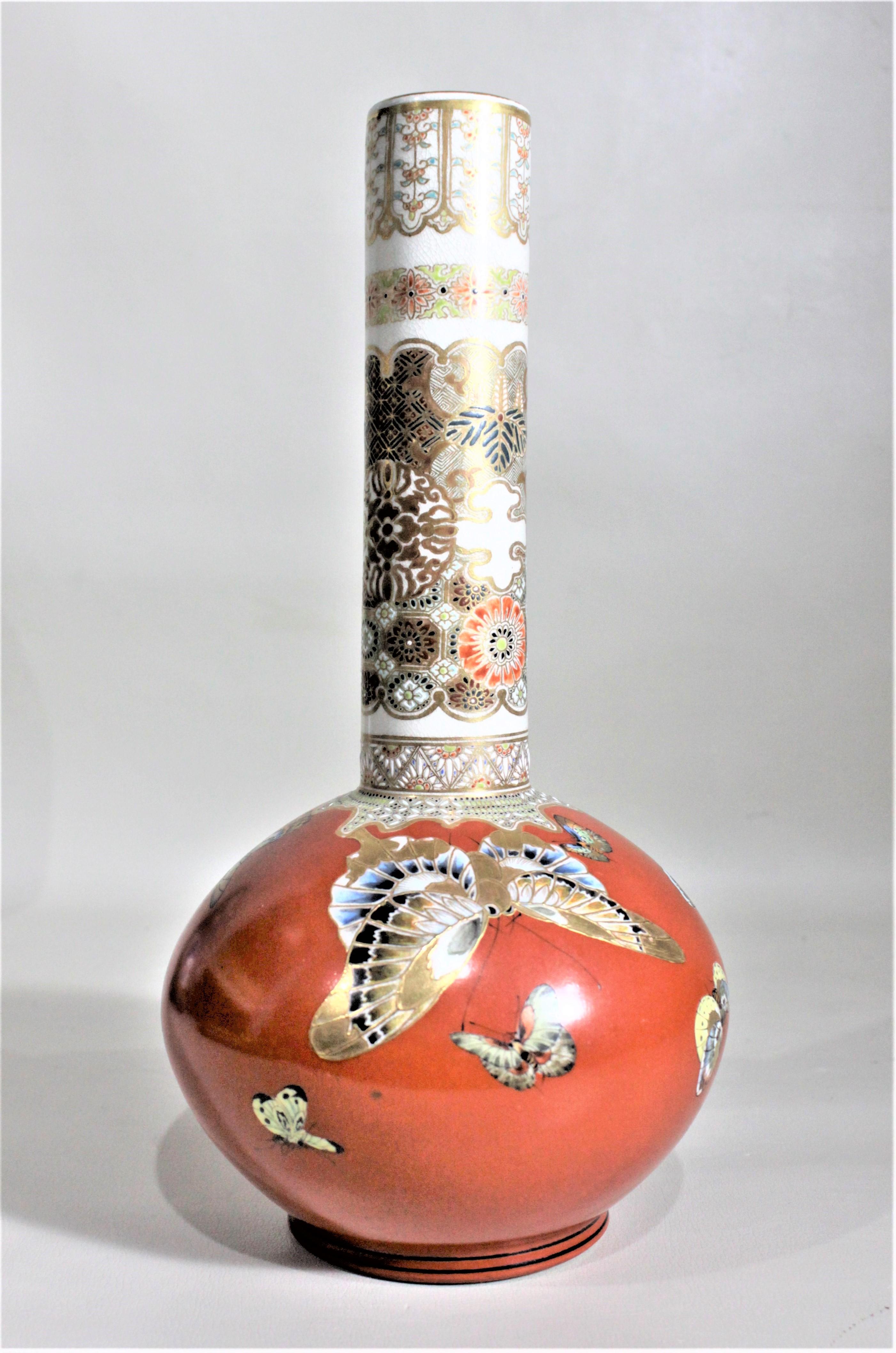 Hand-Crafted Antique Meiji Period Earthenware Vase with Butterfly Decoration For Sale