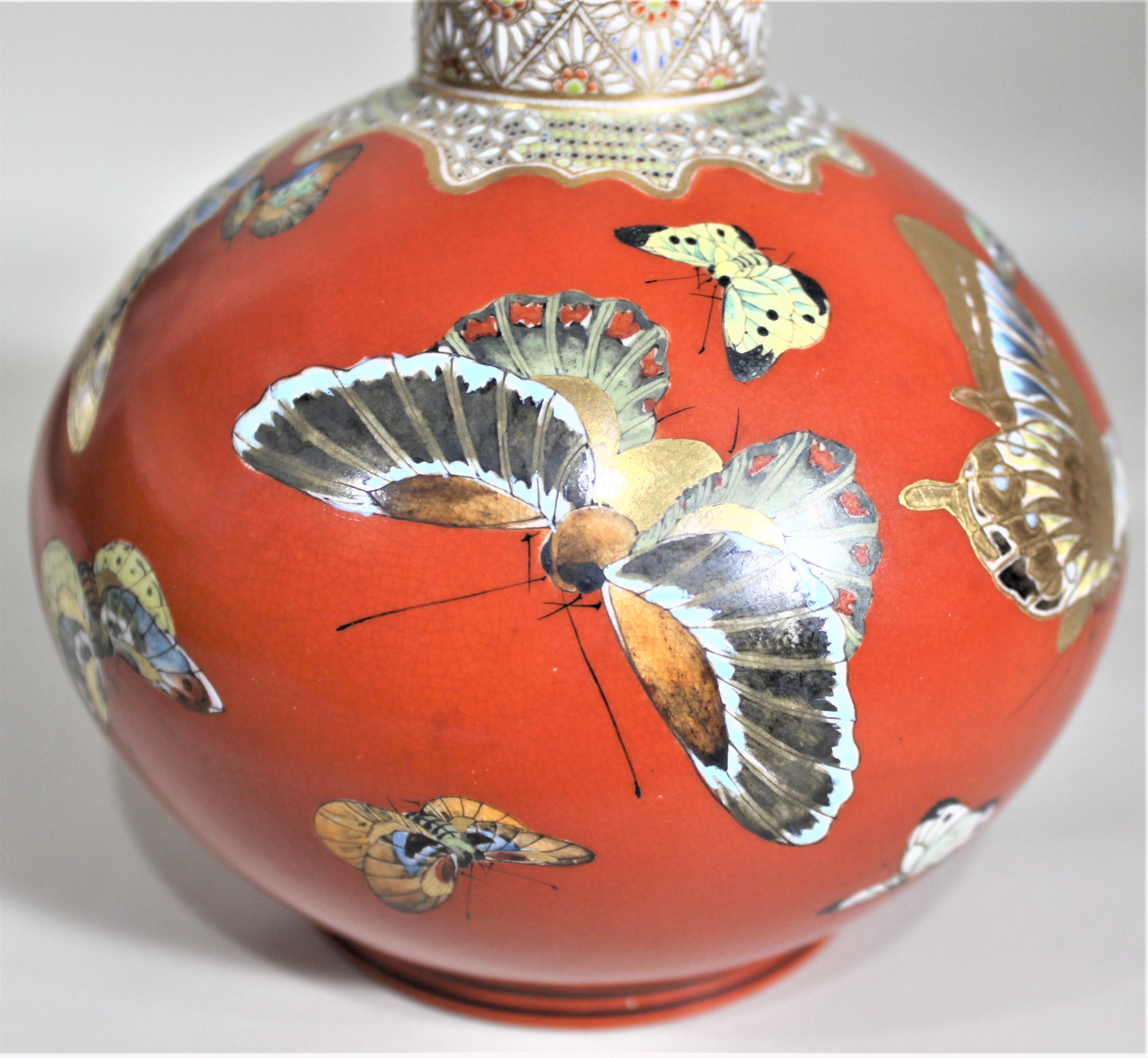 Antique Meiji Period Earthenware Vase with Butterfly Decoration For Sale 1