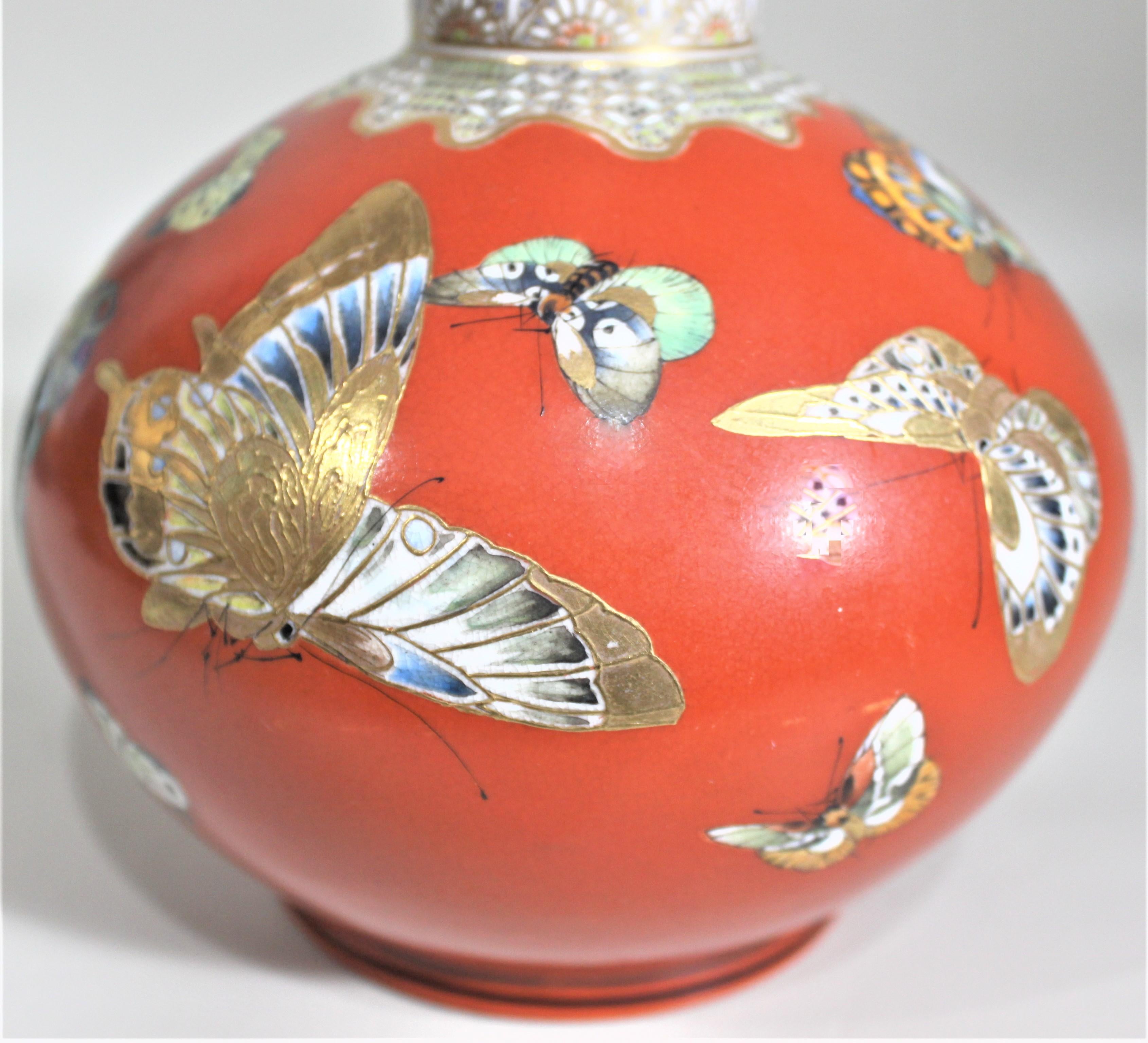 Antique Meiji Period Earthenware Vase with Butterfly Decoration For Sale 2