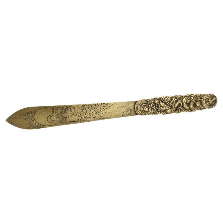Antique Meiji Period Japanese Bronze Engraved Letter Opener For Sale at