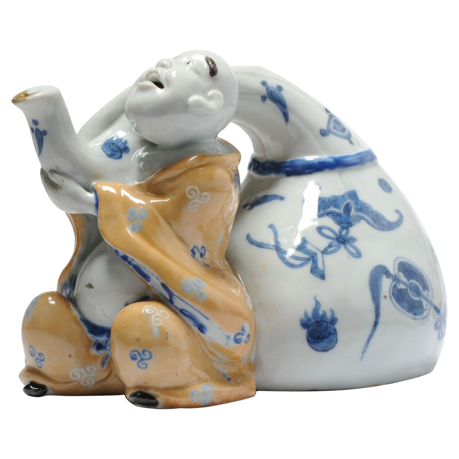 Antigua Botella Japonesa de Sake Hirado del Periodo Meiji Hotei con Bolsa, Siglo XIX en venta