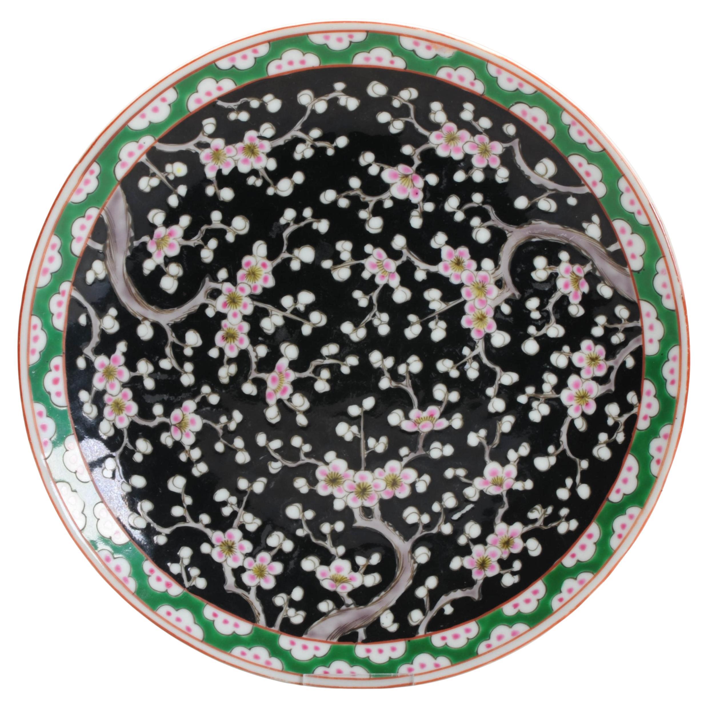 Antique Meiji Period Japanese Porcelain Large Dish Tree Prunus, 19th/20th C.