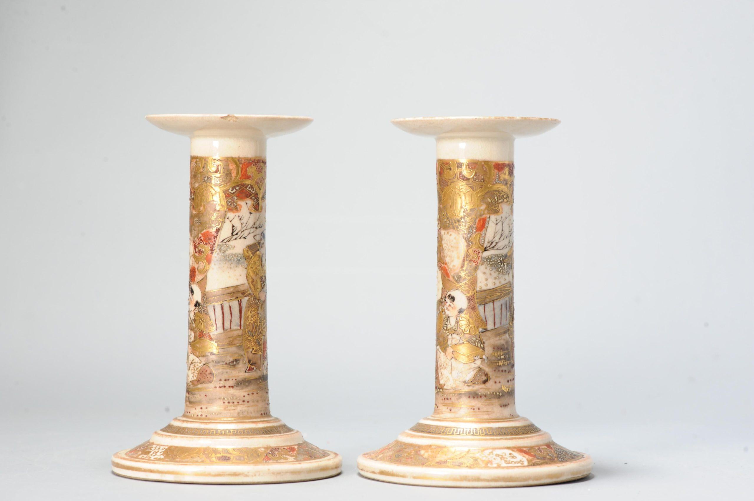 Antique Meiji Period Japanese Satsuma Candle Sticks Floral Decoration Marked For Sale 4