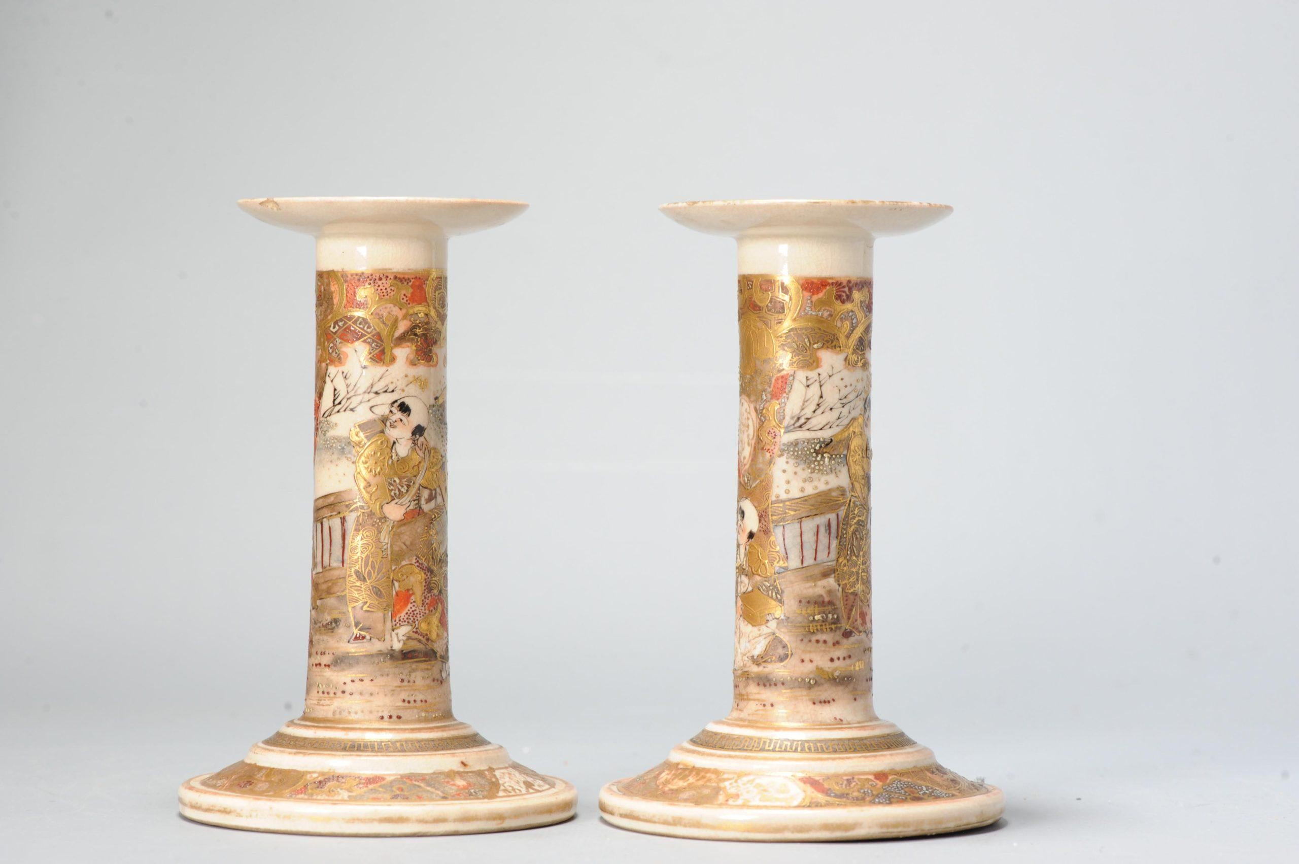 Antique Meiji Period Japanese Satsuma Candle Sticks Floral Decoration Marked For Sale 5