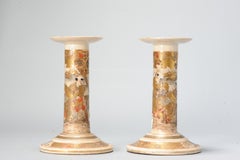 Antique Meiji Period Japanese Satsuma Candle Sticks Floral Decoration Marked