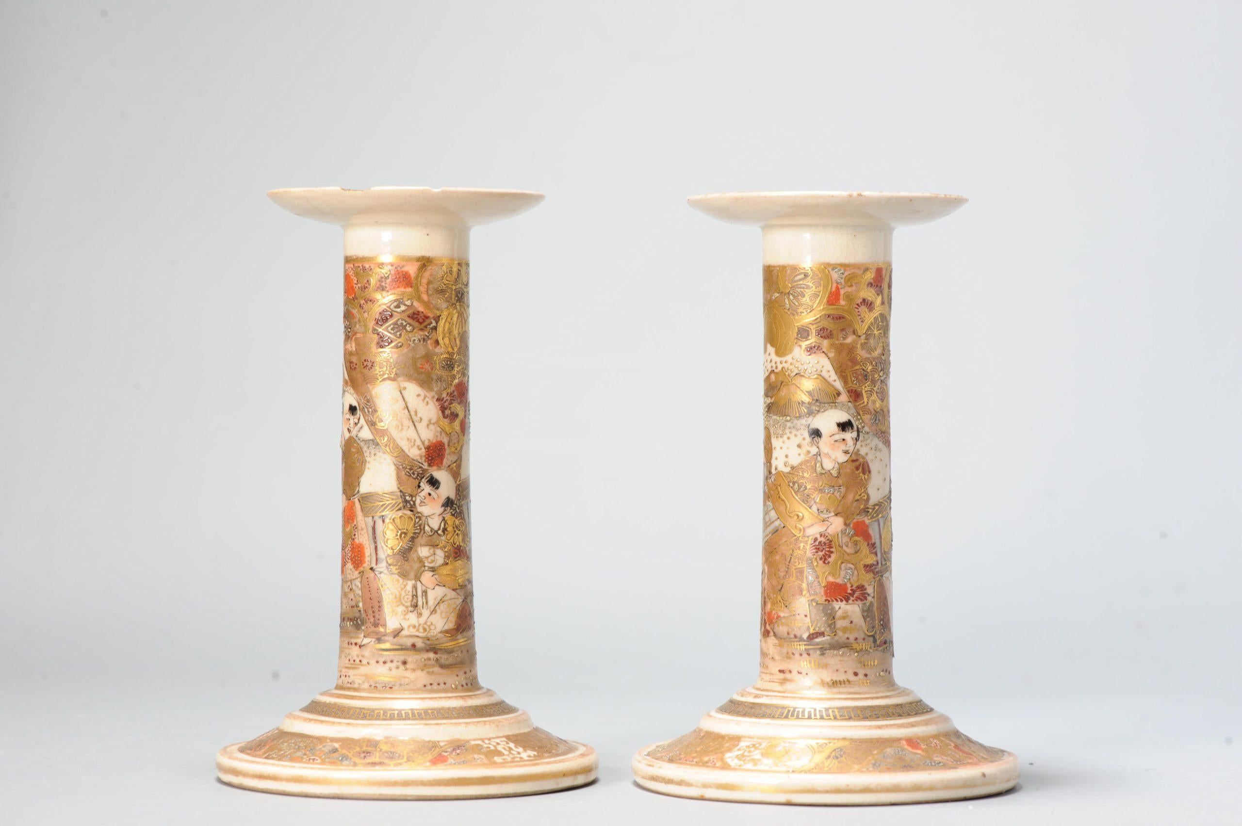 Antique Meiji Period Japanese Satsuma Candle Sticks Floral Decoration Marked For Sale 2