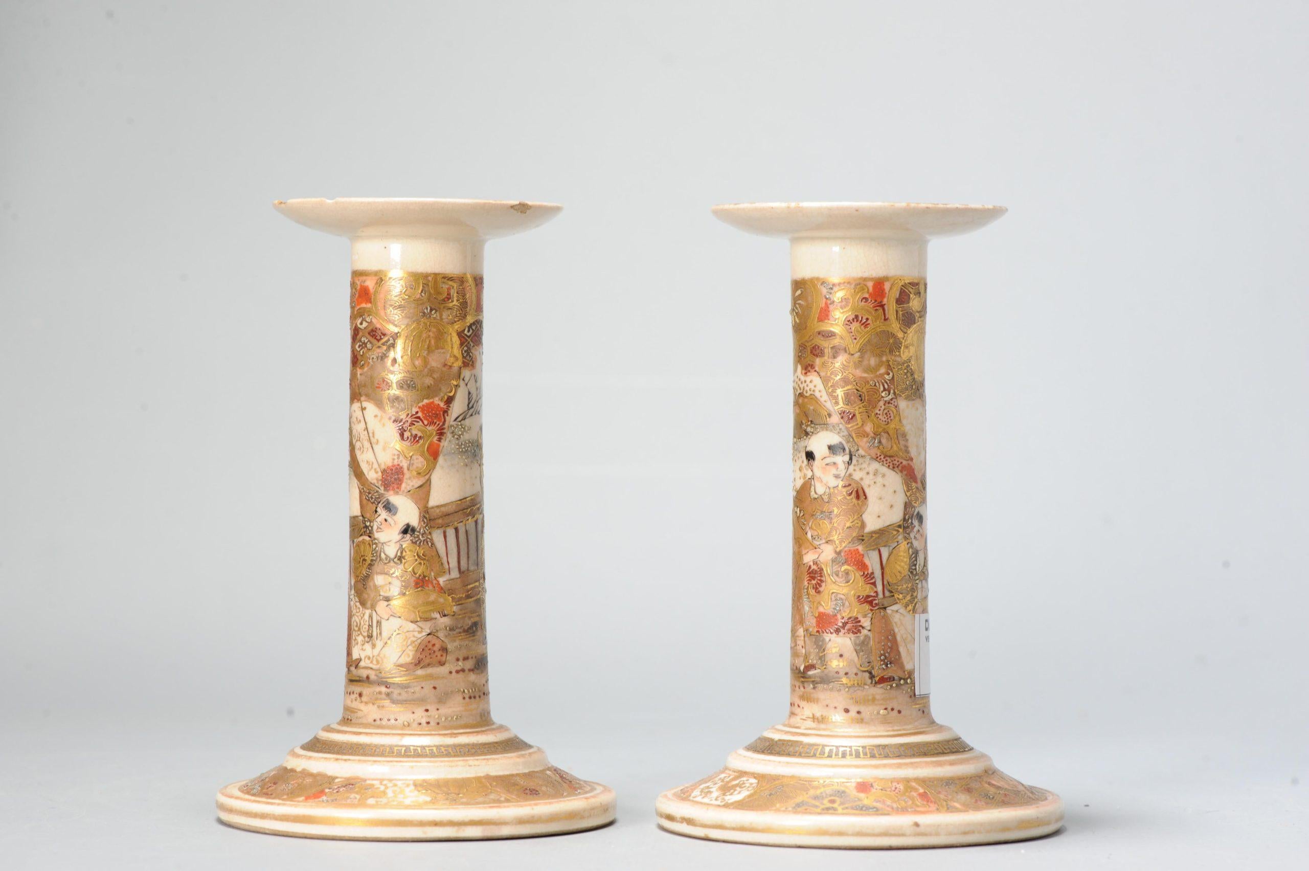 Antique Meiji Period Japanese Satsuma Candle Sticks Floral Decoration Marked For Sale 3