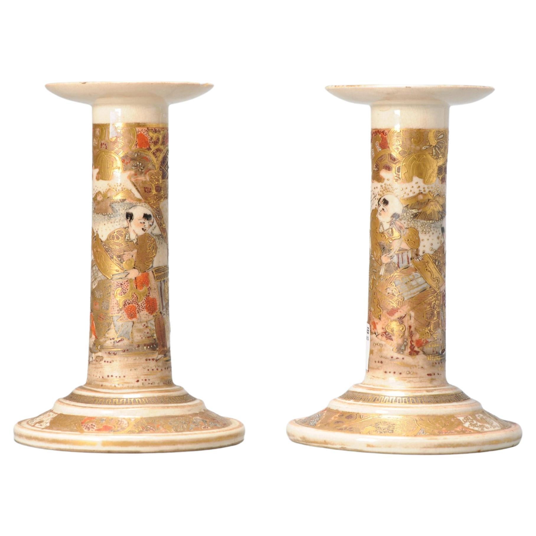 Antique Meiji Period Japanese Satsuma Candle Sticks Floral Decoration Marked For Sale