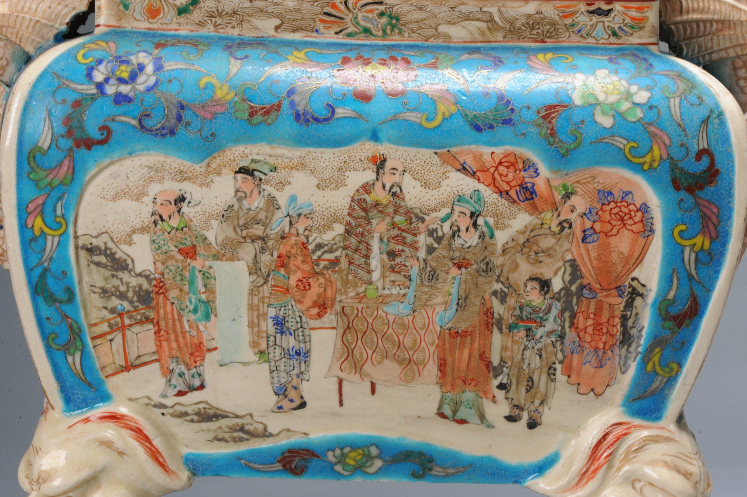 Antique Meiji Period Japanese Satsuma Cloisonne Lidded Jar Figures Fishes 6