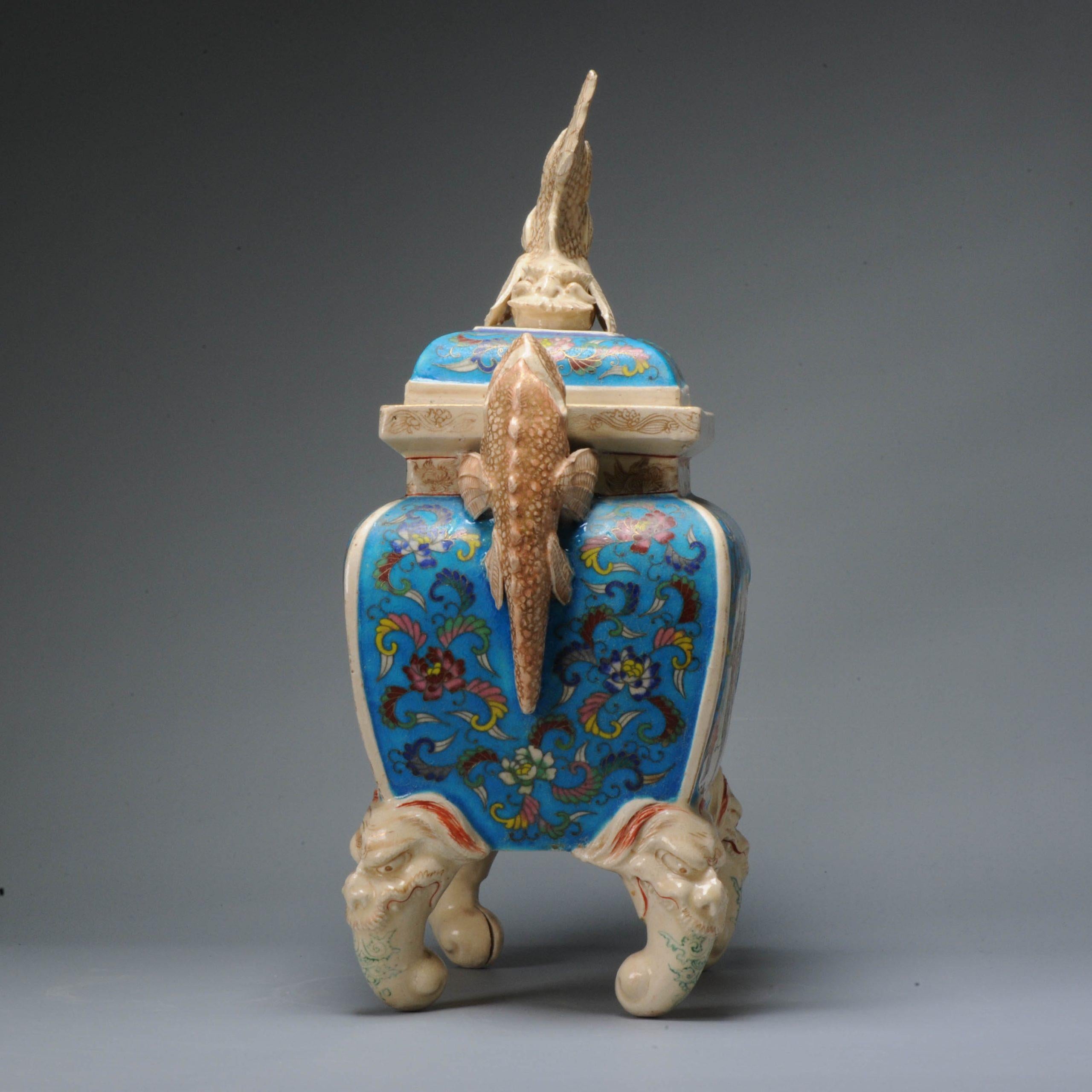 Antique Meiji Period Japanese Satsuma Cloisonne Lidded Jar Figures Fishes 3