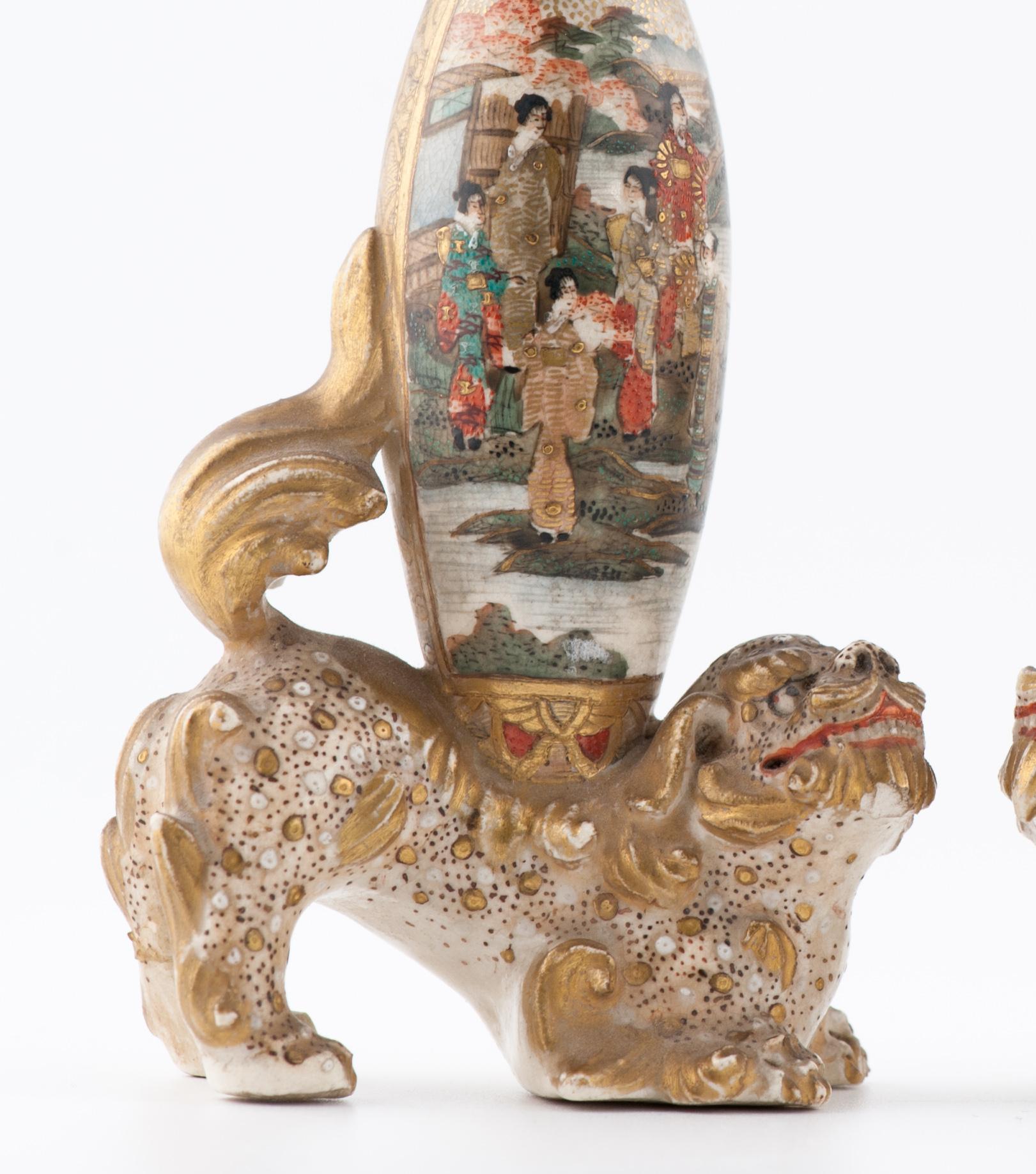 19th Century Antique Meiji period Japanese Satsuma Lion with Vases mark Japan 19c