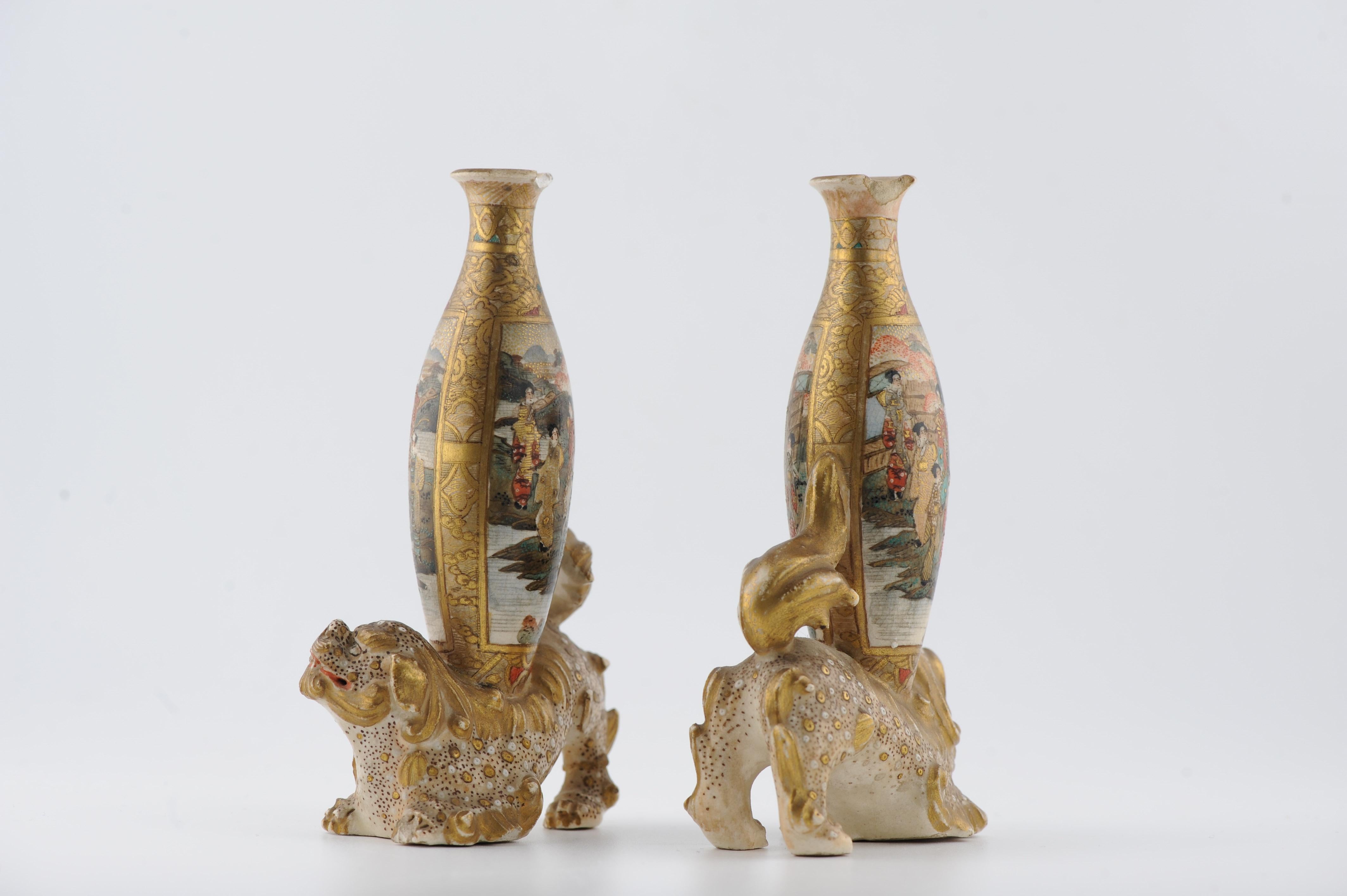 Antique Meiji period Japanese Satsuma Lion with Vases mark Japan 19c 3