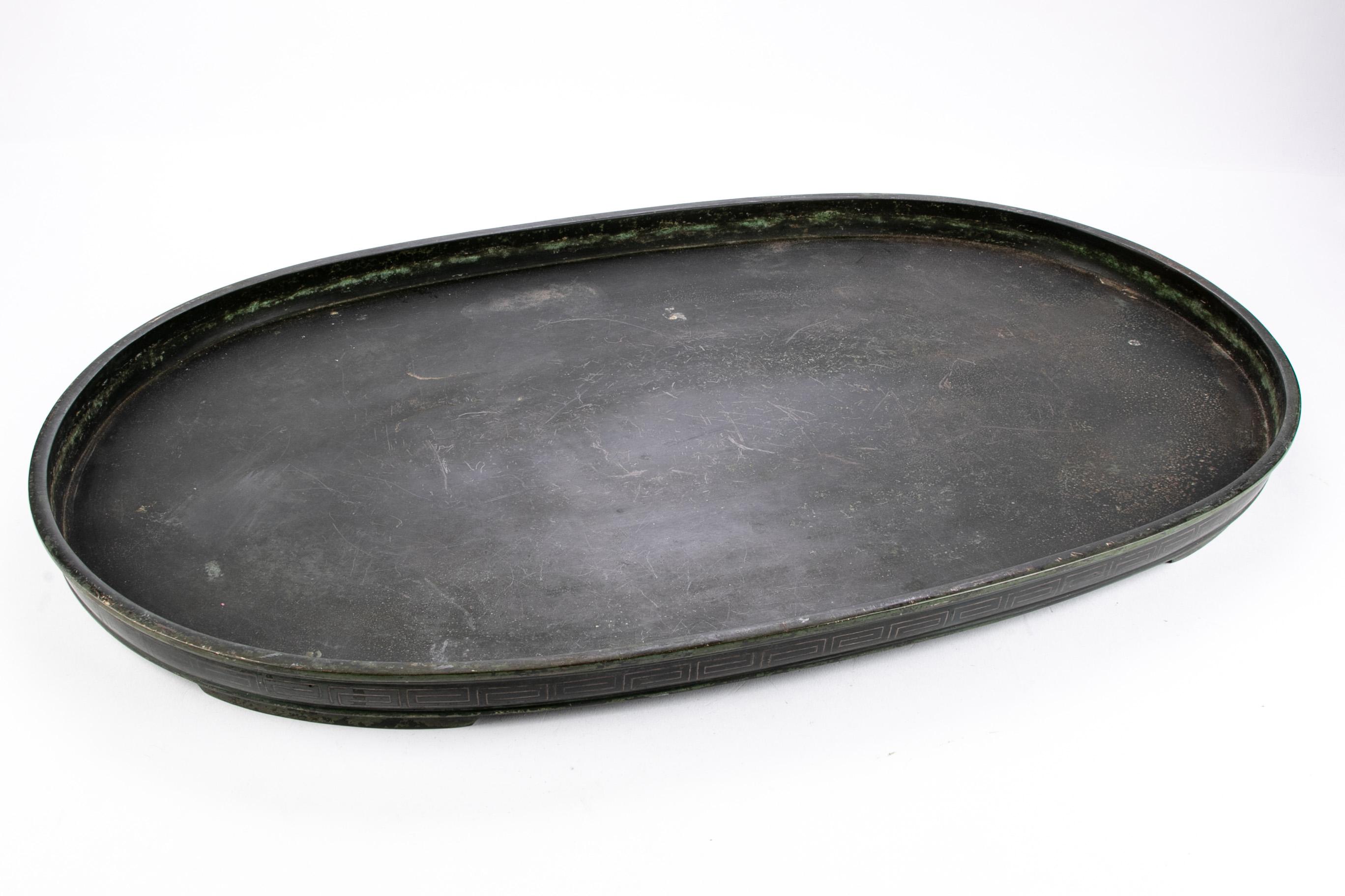 Antique Meiji period Japanese silver inlaid bronze Ikebana tray, oblong, inlaid geometric pattern along sides. Fine traditional form and style. 

Condition: Expected signs of wear and use including some surface scratching.
 