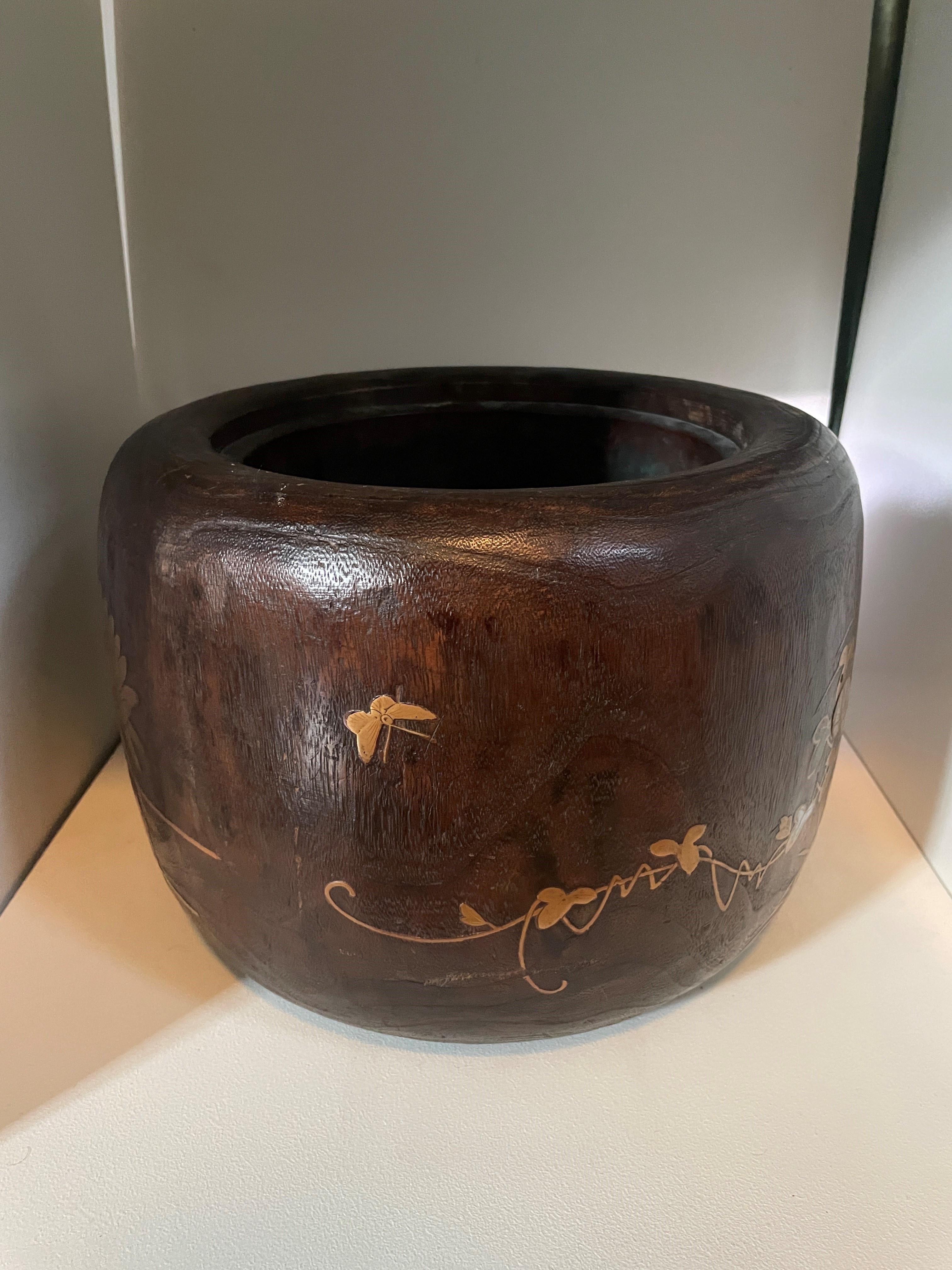 Meiji Period Japanese Planter in carved wood, featuring mother of pearl butterfly and floral insets, and finished copper inserts. Incredible craftsmanship and detail. Wood species unknown but possibly Walnut due to color. Wood was recently cleaned