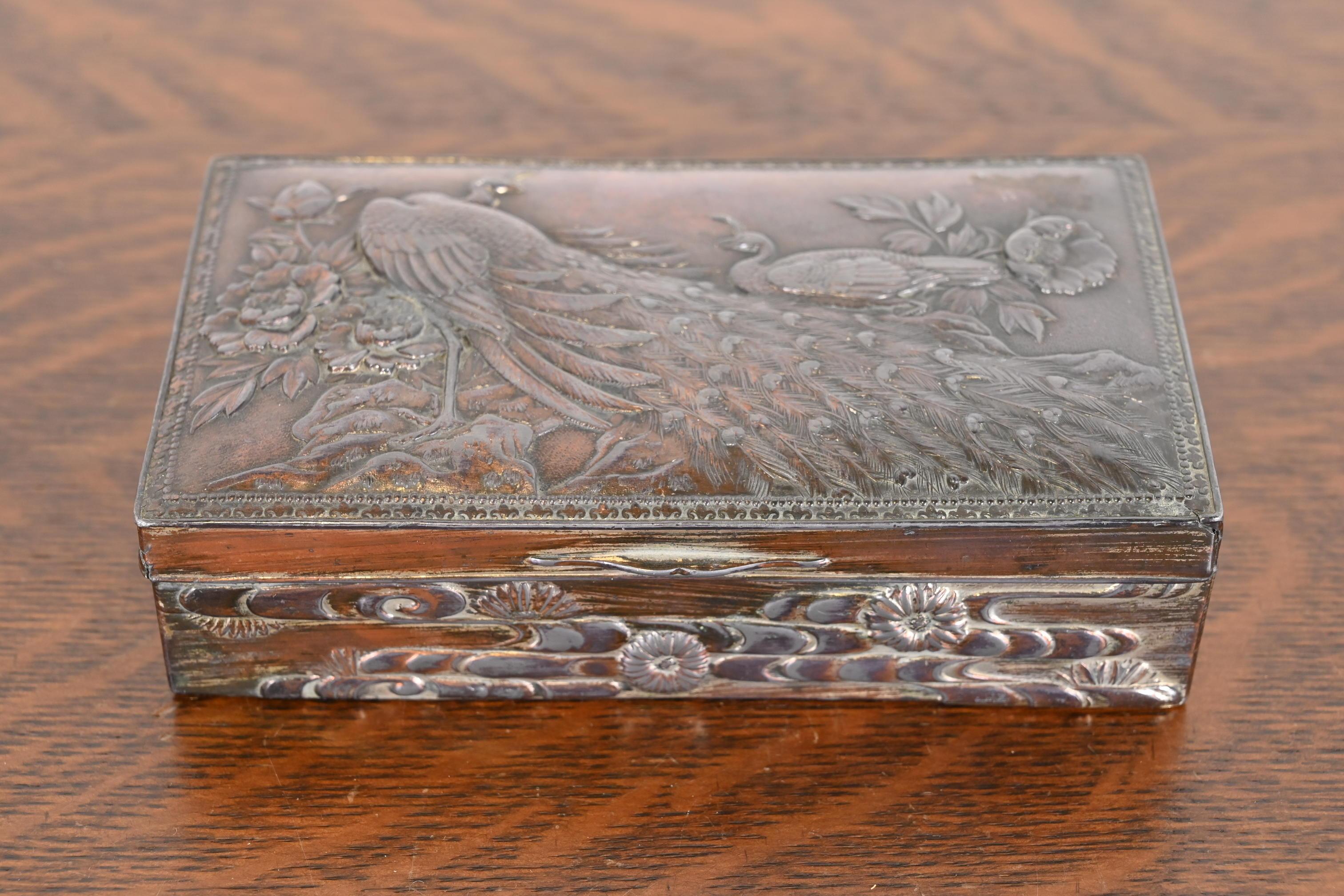 Thai Antique Meiji Period Oriental Copper Jewelry Box With Peacocks