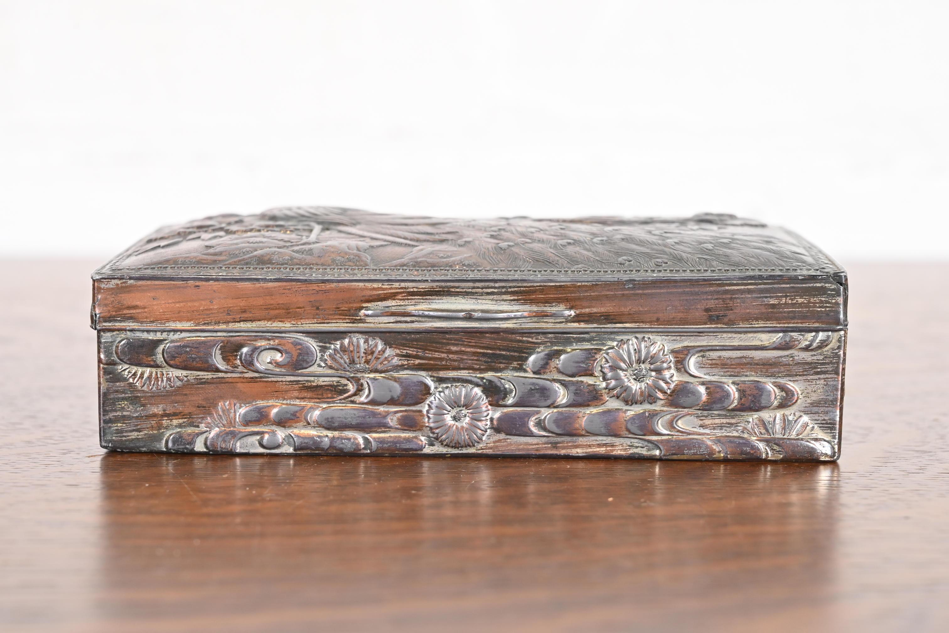 19th Century Antique Meiji Period Oriental Copper Jewelry Box With Peacocks