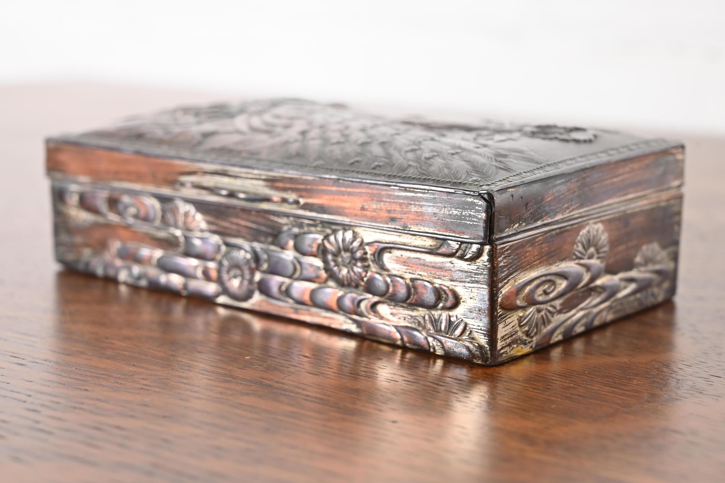 Antique Meiji Period Oriental Copper Jewelry Box With Peacocks 1