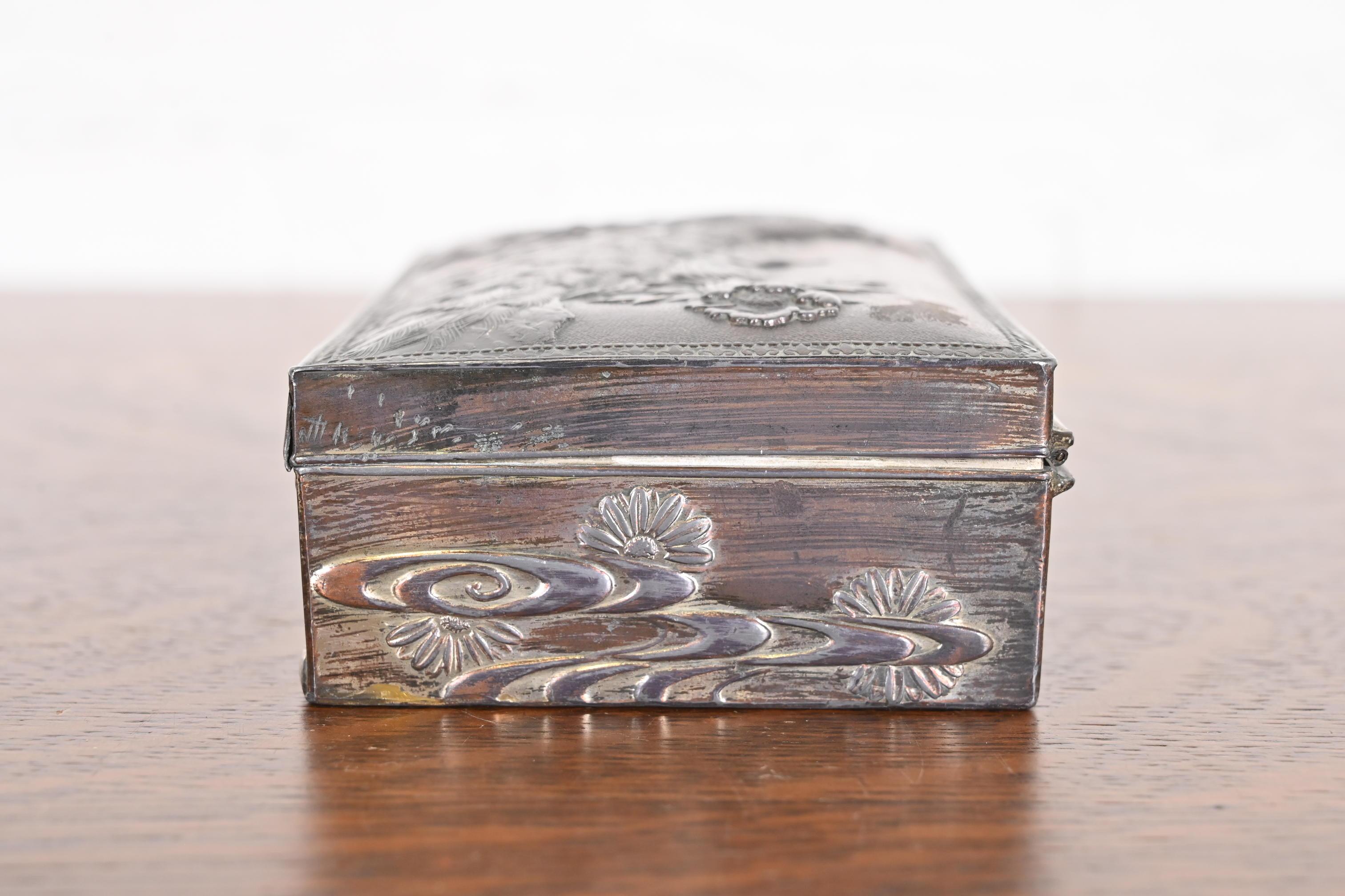 Antique Meiji Period Oriental Copper Jewelry Box With Peacocks 3