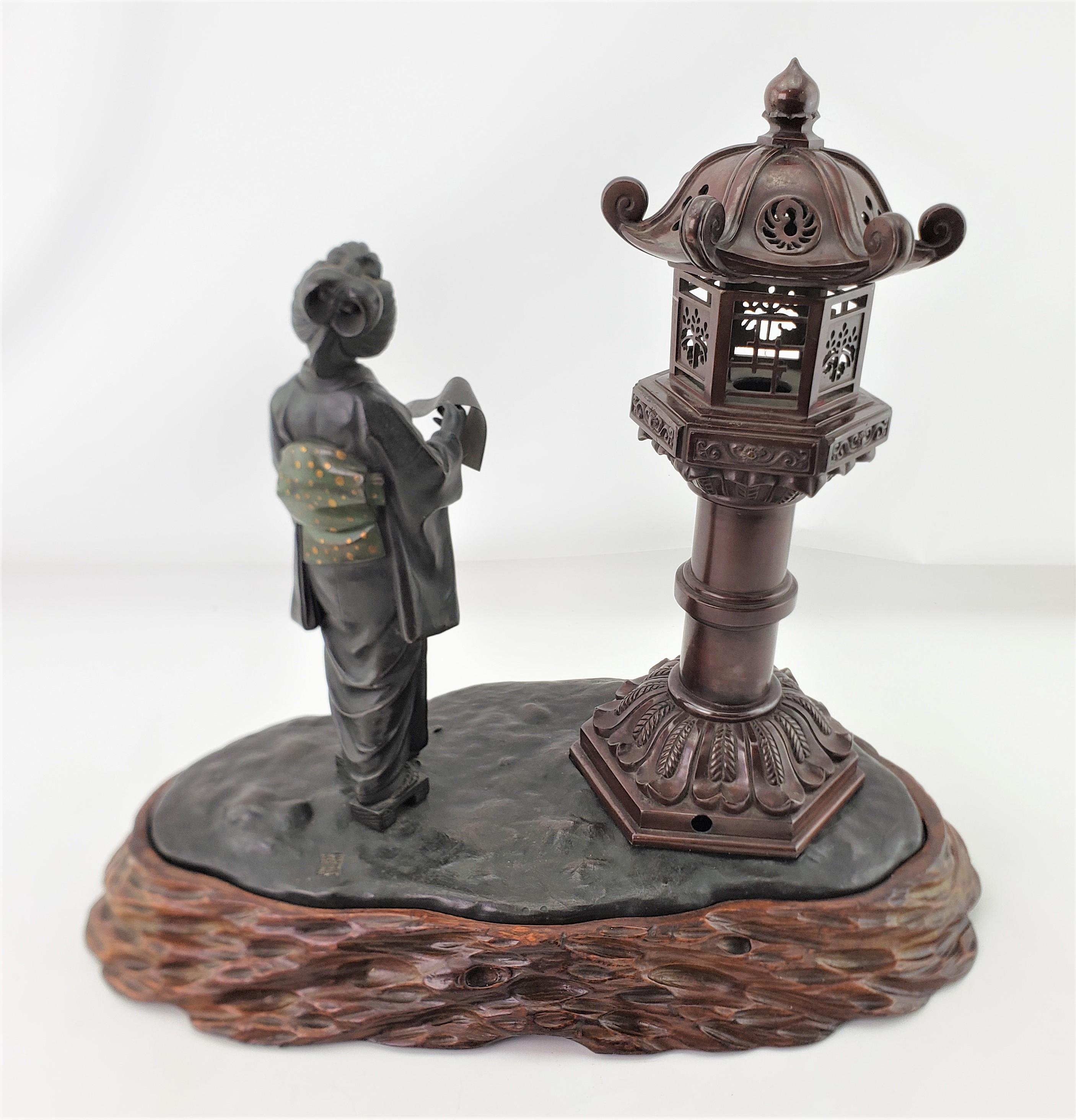 Antique Meiji Signed Japanese Figural Woman & Lantern Incense Burner with Base For Sale 2